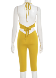 Spring And Summer Halter Neck Tie Navel-Baring Solid Color Hip-Wrapped Cropped Pants Two-Piece Set