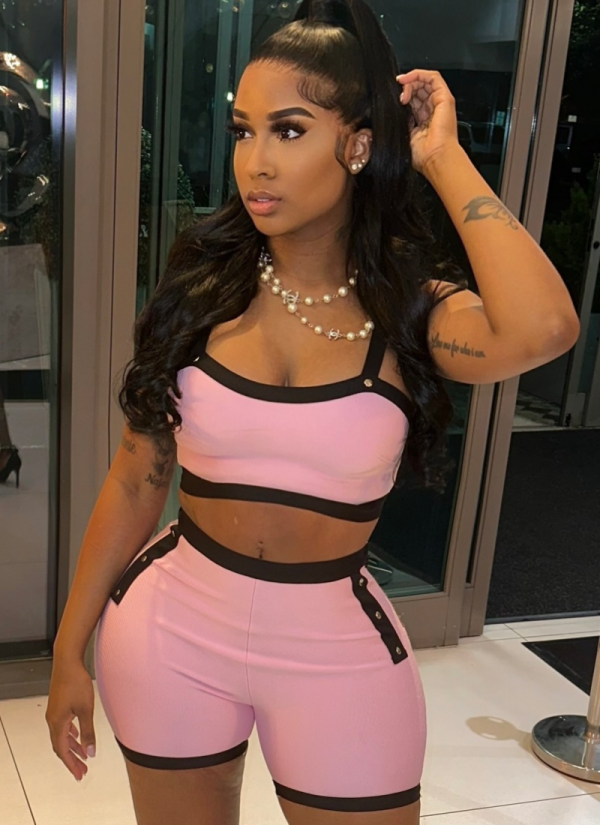 Sexy Hot Girl Color-Blocked High-Waisted Sports Tight Shorts Two-Piece Set