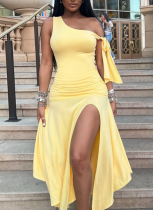 Solid Color Sexy One-shoulder Slim-fit Slit Pleated Irregular Dress