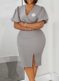 Lantern Sleeve Summer V-Neck Fashion Hip-Wrapping Slit Dress