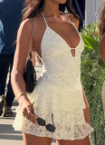 Solid Color Deep V Halter Neck Backless Sexy Mini Dress