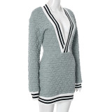 Grey Fashionable Diamond-patterned Cotton Deep V Line Stitching Long-sleeved Hip-hugging Short Dress