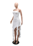 Strapless Irregular Solid Color Ruffle Dress