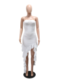 Strapless Irregular Solid Color Ruffle Dress