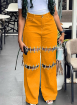 Fashionable Chain Design Hollow Straight Denim Trousers