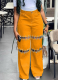 Fashionable Chain Design Hollow Straight Denim Trousers