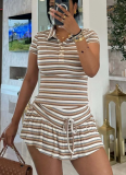 Casual Striped Summer Polo Neck Short Sleeve Top Tie Skirt Two-Piece Set