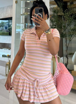 Casual Striped Summer Polo Neck Short Sleeve Top Tie Skirt Two-Piece Set