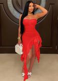 Strapless Irregular Solid Color Ruffle Dress