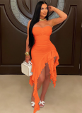 Strapless Irregular Solid Color Ruffle Dress