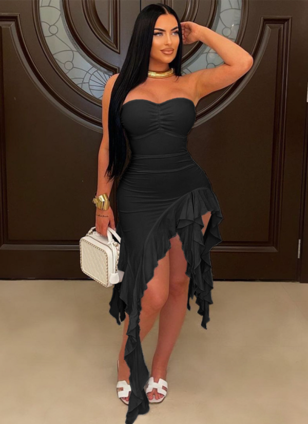 Strapless Irregular Solid Color Ruffle Dress