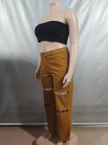 Fashionable Chain Design Hollow Straight Denim Trousers