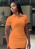 Ribbed Deep V Lapel Short Sleeve Bodycon Dress