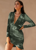 Sexy Long-Sleeved Deep V-Neck Slit Hip-Hugging Fashionable Hot Girl Dress