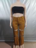 Fashionable Chain Design Hollow Straight Denim Trousers