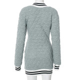 Grey Fashionable Diamond-patterned Cotton Deep V Line Stitching Long-sleeved Hip-hugging Short Dress