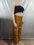 Fashionable Chain Design Hollow Straight Denim Trousers