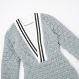 Grey Fashionable Diamond-patterned Cotton Deep V Line Stitching Long-sleeved Hip-hugging Short Dress