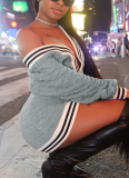 Grey Fashionable Diamond-patterned Cotton Deep V Line Stitching Long-sleeved Hip-hugging Short Dress