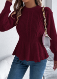 Solid Color Cable Knit Waist Ruffled Long-Sleeved Pullover Sweater