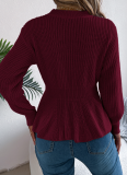 Solid Color Cable Knit Waist Ruffled Long-Sleeved Pullover Sweater