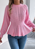 Solid Color Cable Knit Waist Ruffled Long-Sleeved Pullover Sweater