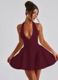 New Summer Sexy Deep V Halter Neck Sleeveless Waist Dress