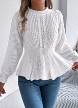 Solid Color Cable Knit Waist Ruffled Long-Sleeved Pullover Sweater