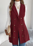 Solid Color Double-Breasted Pocket Corduroy Long Vest Coat
