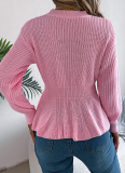 Solid Color Cable Knit Waist Ruffled Long-Sleeved Pullover Sweater