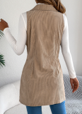 Solid Color Double-Breasted Pocket Corduroy Long Vest Coat
