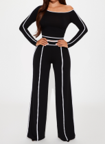Casual Oblique Collar Long-Sleeved Top Spliced ​​With High-Waist Wide-Leg Trousers Elastic Two-Piece Suit