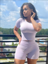 Solid Color Round Neck Belly-Baring Top Tight Shorts Suit Women's Clothing