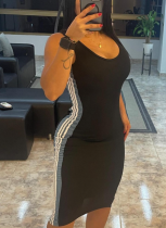 Sleeveless Large U-Neck Striped Contrast Color Slim Dress