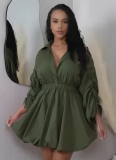 Casual Drawstring Sleeves Waist Lapel Long Sleeve Dress