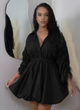 Casual Drawstring Sleeves Waist Lapel Long Sleeve Dress