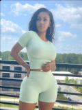 Solid Color Round Neck Belly-Baring Top Tight Shorts Suit Women's Clothing
