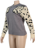 Fashion Round Neck Leopard Elastic Knit Sweater