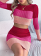 Colorblock Long-Sleeved Belly-Baring Top And Hip Skirt Knitted Two-Piece Set