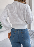 Solid Color Cable Knitted Lantern Long-Sleeved Waisted Pullover Sweater