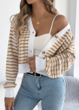 Autumn And Winter Contrast Striped Lantern Long-Sleeved Cardigan Sweater Short Coat