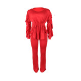 Fashionable Elastic Slim Fit Lace Drawstring Long Sleeve Waist Two-piece Suit