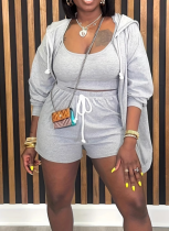 Fashion Solid Color Large Size Sports Style Jacket Vest Shorts Three-piece Set