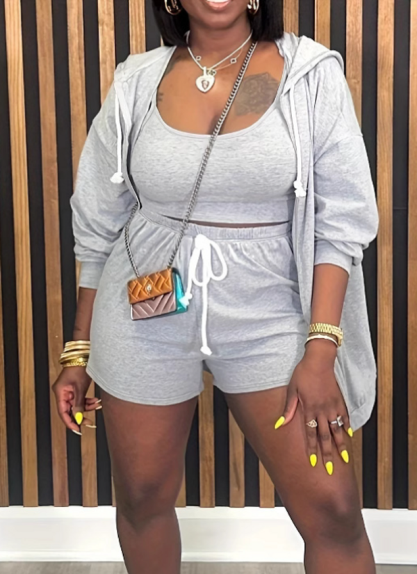 Fashion Solid Color Large Size Sports Style Jacket Vest Shorts Three-piece Set