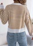 Autumn And Winter Contrast Striped Lantern Long-Sleeved Cardigan Sweater Short Coat