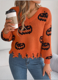 Halloween Color-Blocked Pumpkin Cut-Out Long-Sleeved Pullover Sweater