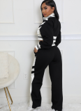 Double-Layer Threaded Stitching Contrasting Color Long-Sleeved Jacket And Wide-Leg Pants Two-Piece Set