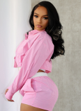 Lapel Striped Shirt With Long Sleeves And Elastic Waist Shorts Two-Piece Suit