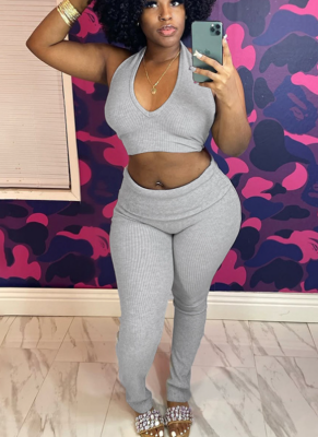 Grey Casual Solid Color Backless Cross Straps Halter Sleeveless Two Pieces