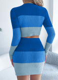Colorblock Long-Sleeved Belly-Baring Top And Hip Skirt Knitted Two-Piece Set